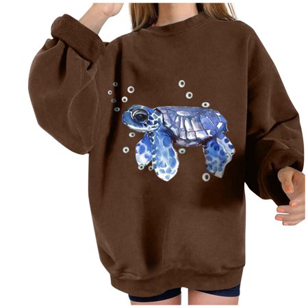 

Ziloco Women Wild Ocean Print Loose O-Neck Long-Sleeved Fleece Oversized Sweatshirt Pullover corset tops square neck tops for women Brown L