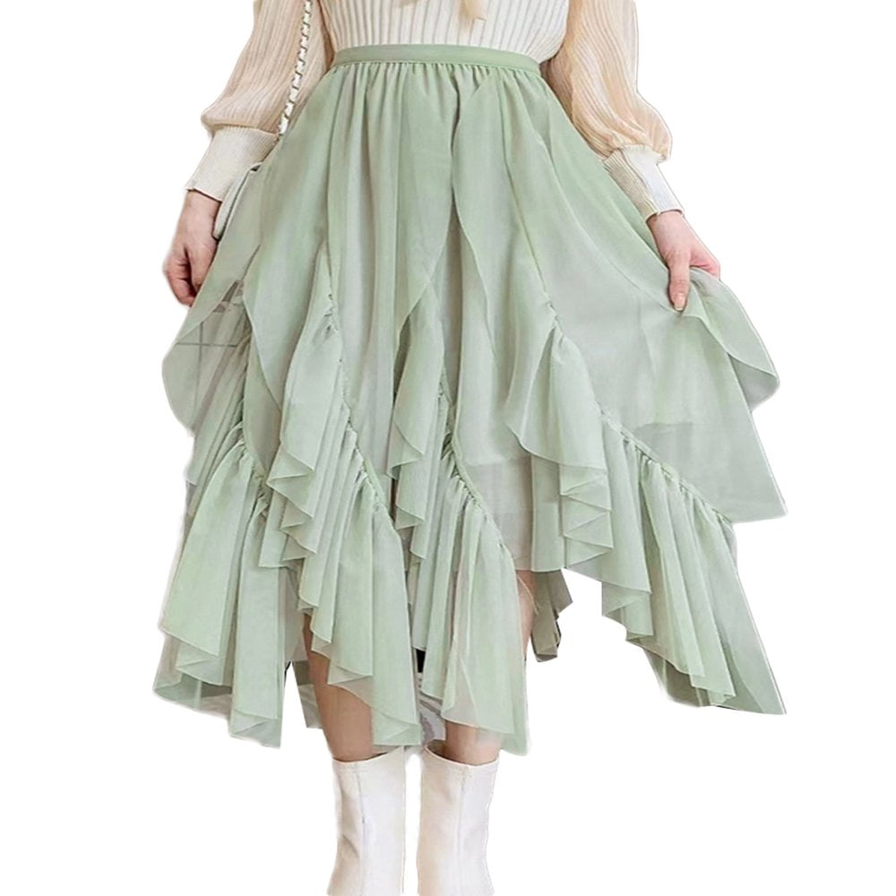 Women Mesh Skirts Pleated Half Dress Long Mesh Solid Color Skirts