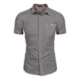 thumbnail image 7 of Fnnxeal Mens Short Sleeve Button Up Shirt, Slim Fit Casual with Contrast Plaid Trim, Lightweight Wrinkle-Resistant Polyester, Gray,Size L, 7 of 7
