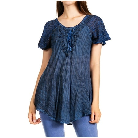 Sakkas Donna Women s Casual Lace Short Sleeve Tie Dye Corset Loose Top Blouse - 19203-Blue - Plus Size