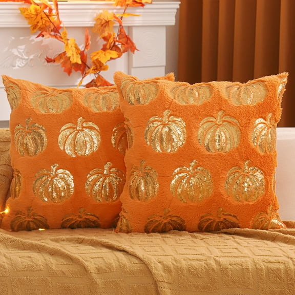 Fall Pillow Covers 18X18 Inch Set of 2 Orange Sequin Embroidery Multiple Pumpkins Throw Pillow Cases Halloween Thanksgiving Autumn Pumpkin Decor Pillowcases Square Cushion Covers