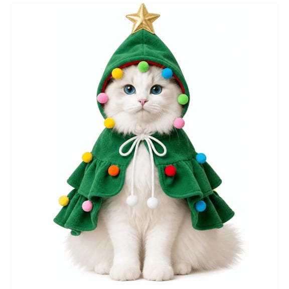 Pet Christmas Cloak with Hat for Cats and Small Dogs, Christmas Tree Design Cape Xmas Outfit, Christmas Hooded Cloak, Soft Plush Fabric, Adjustable Tie, for Small Cats Puppy Holiday Costume