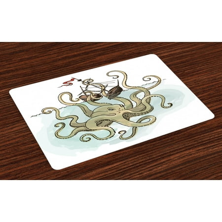 

Kraken Placemats Set of 4 Octopus Sinking the Pirate Ships Greek Myth Fish Culture Cartoon Artwork Image Washable Fabric Place Mats for Dining Room Kitchen Table Decor Tan Pale Green by Ambesonne