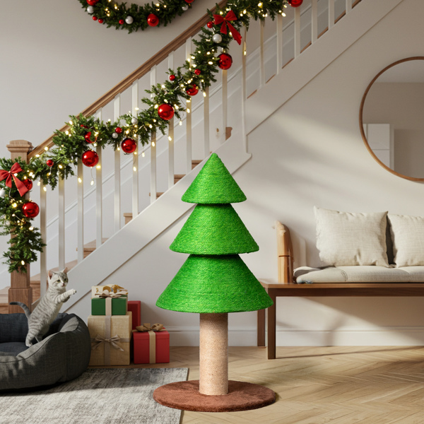Christmas Tree Cat Scratcher Tower (31.5in), Grass Green Festive Design, Sisal Rope Scratching Post, Fleece Lounge Base for Indoor Cats