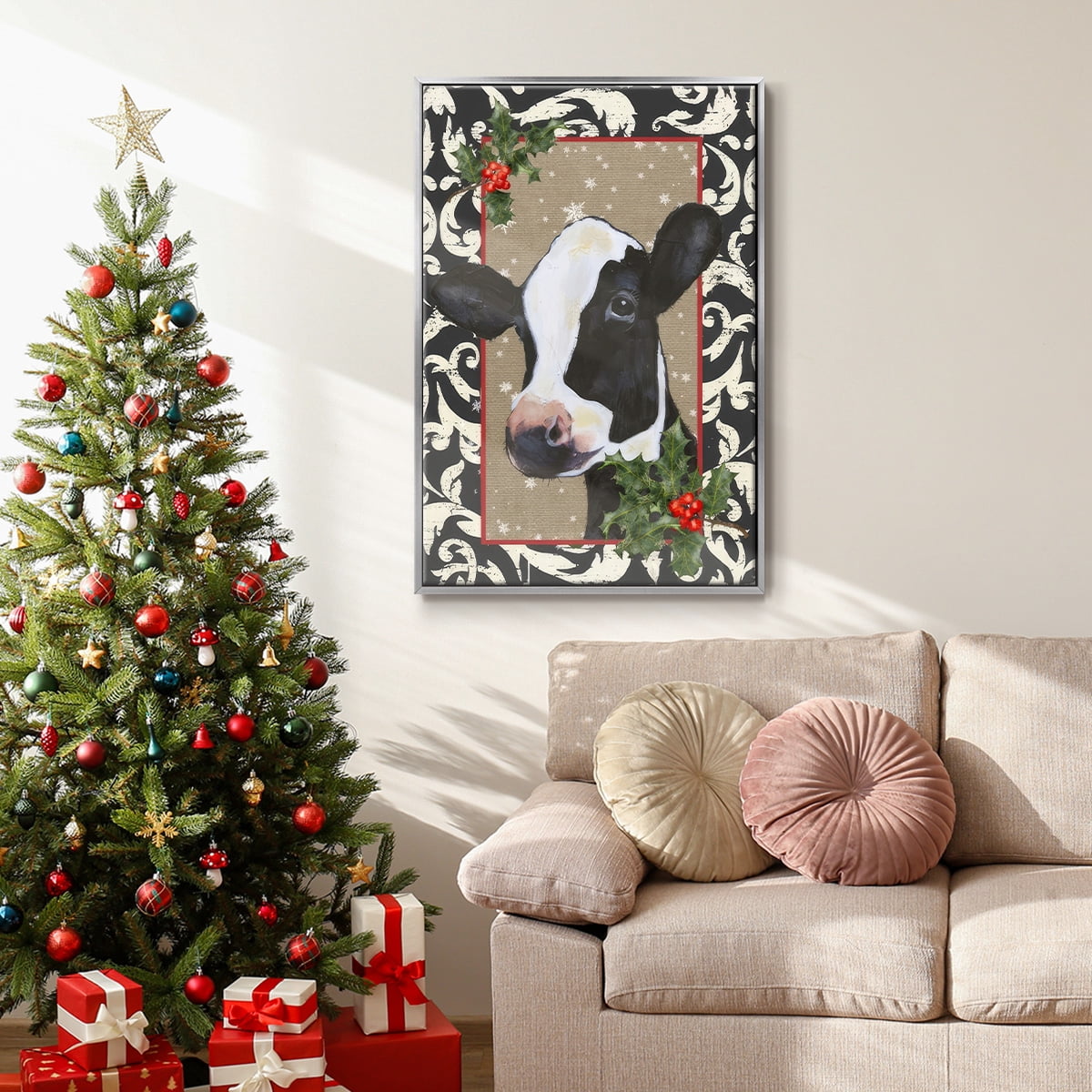 County Christmas Farm I - Framed Gallery Wrapped Holiday Canvas - 17 x 25 - Silver Frame