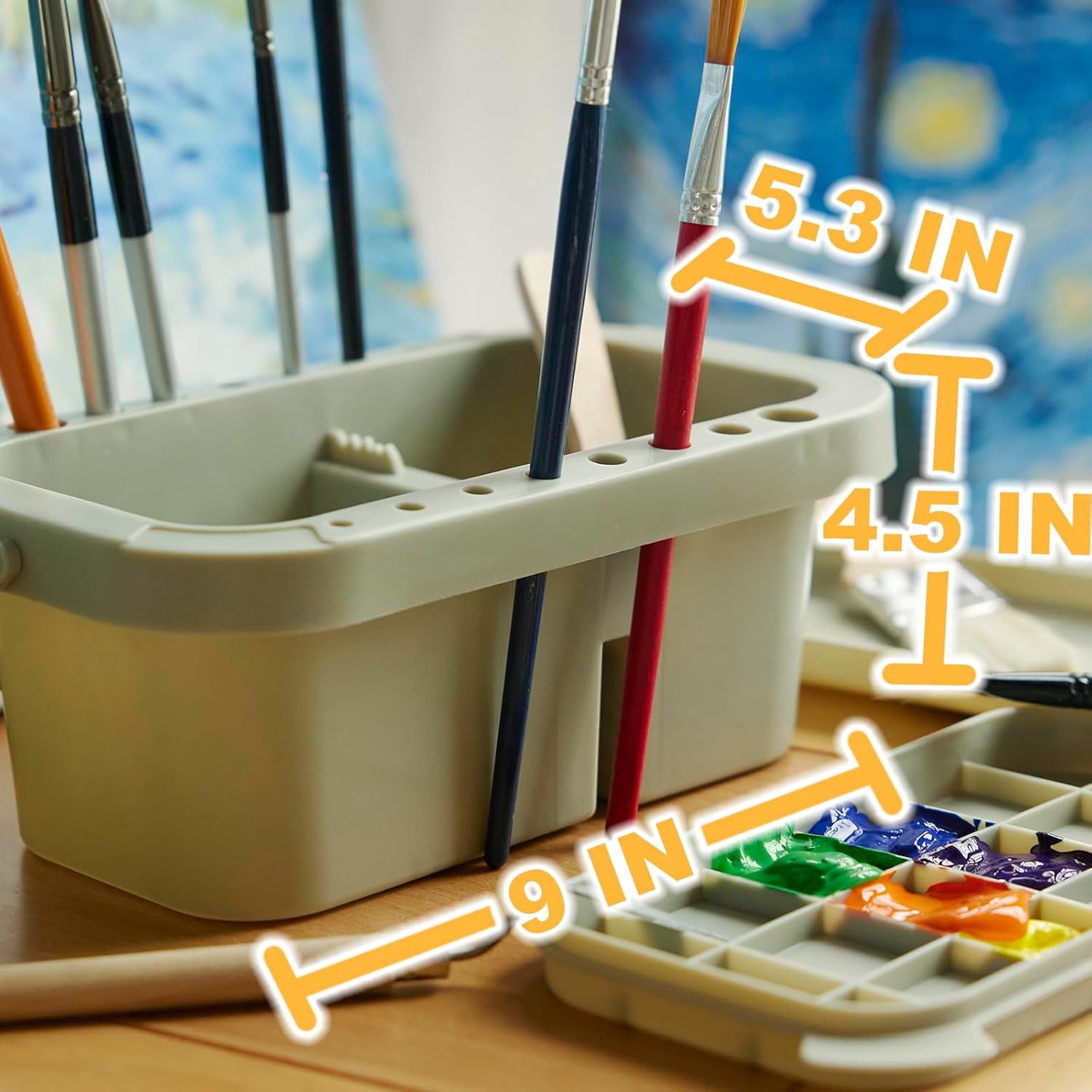 ABPETE Paint Brush Basin with Palette,Painting Art Supply Storage Organizer for Acrylic, Watercolor, and Water-Based Paints(Grey)