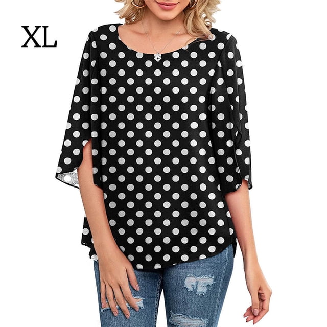 Chemisier Femme Imprimé Manches Mi-Longues Col Rond Décontracté, Noir Blanc, Pois, TG
