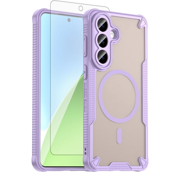 Asuwish Phone Case Compatible with S26 Plus S26+ 5G Magnetic Tempered Glass Screen Protector, Translucent Matte Back Shockproof Protective Cell Cover S26plus 26S S 26+ Women Men Purple