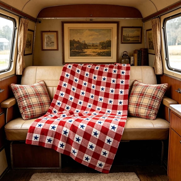 Patriotic Plaid Star Flannel Blanket,4th of July Red White Blue Gingham Star Print Cozy Throw Blanket for Sofa,Bed,Living Room,Bedroom,Office,Holiday Party Decor