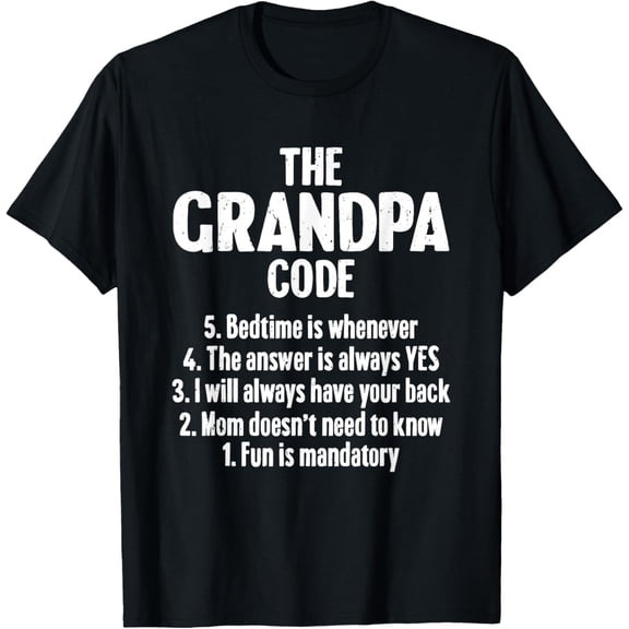 Funny The Grandpa Code Rules Men's Graphic T-Shirt Humorous Father's Day Gift Idea Comfortable Short Sleeve Cotton Tee for Grandfathers and Papas Black