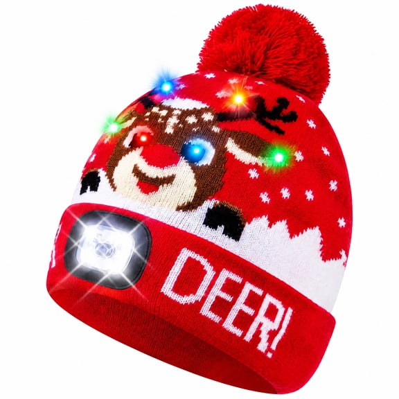 BUTKLNYTS Christmas LED Light Up Beanie Hat with Pom Pom, Flashing Reindeer Knit Winter Beanie, Warm Holiday Party Hat for Men Women Adults