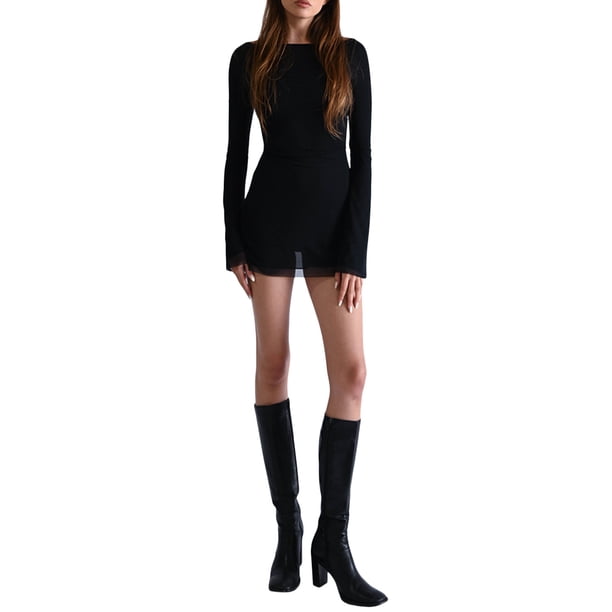 Txlixc Faldas cortas para mujeres, color sólido / impresión de manga larga sin espalda, negro / caqui, S / M / L Txlixc moda