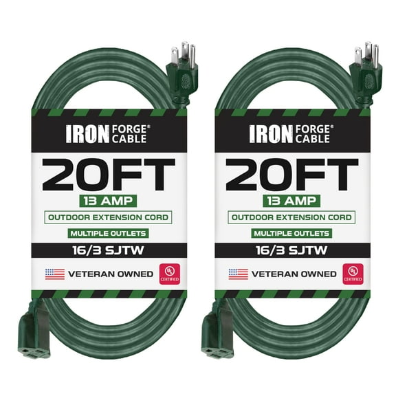 Iron Forge Cable 2 Pack Weatherproof 20 Ft Outdoor Extension Cord - 16/3 SJTW Heavy Duty Green Extension Cord 3 Prong - 13 Amp Exterior Power Cable
