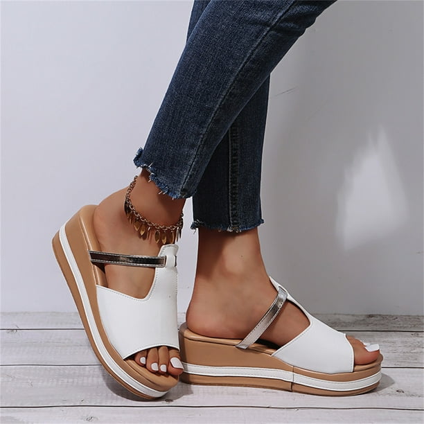 Sandalias de tacón de cuña Sandalias de color sólido con boca de pez de fondo grueso para mujer Wmkox8yii ytu1130