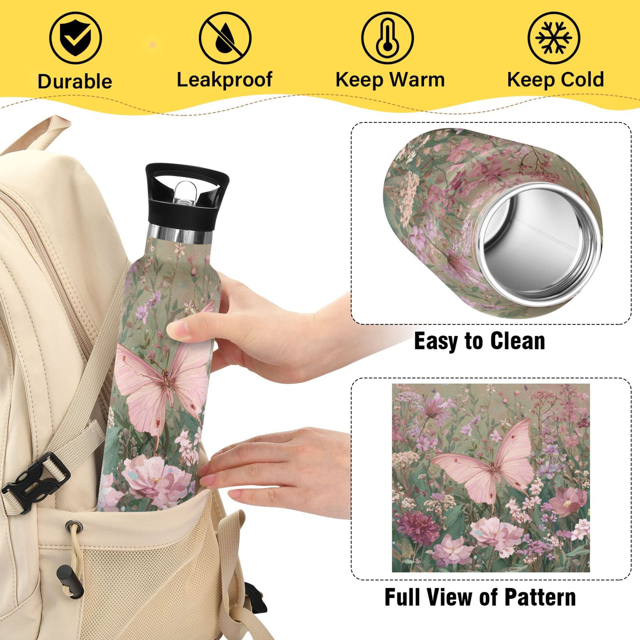 Kids Insulated Stainless Steel Sports Water Bottle 600ml (20oz) Delicate Butterfly