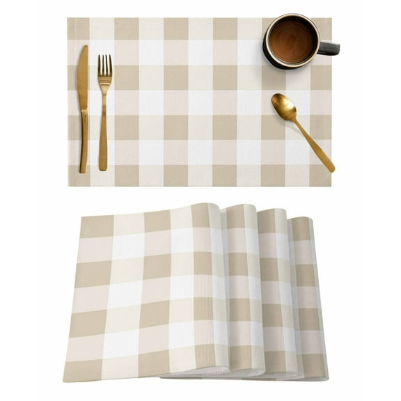 Cream White Buffalo Check Placemats Set of 6, Farmhouse Plaid Modern Geometric Placemats for Dining Table, Place Mats for Kitchen Tabletop, Waterproof Wipeable Dining Table Mats Set