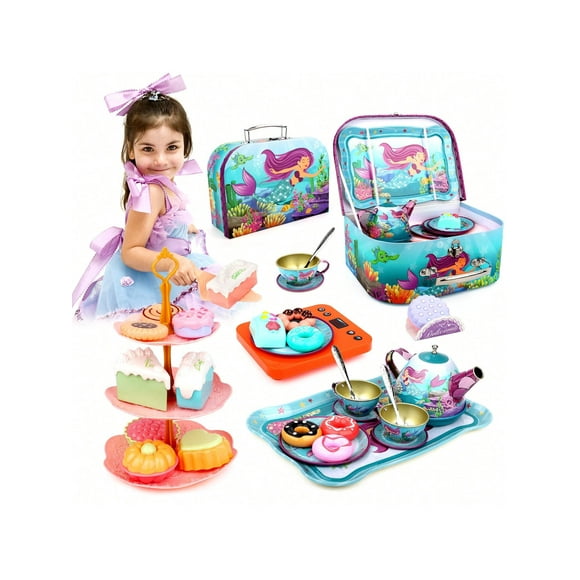 Big Orange Toys Tea Party Set For Little Girls,48 PCS Princess Tea Time Mermaid Theme Tin Tea Set,Including Teapot,Cups, Dessert,Cookies And Carrying