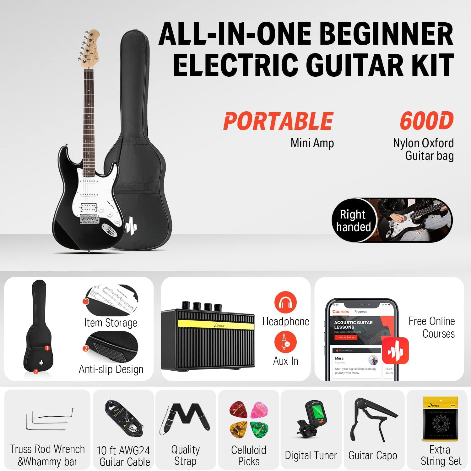 Donner DST-102B 39 Inch Full Size Electric Guitar Kit Bundle with Guitar Headphone Amp Mini Turbo 