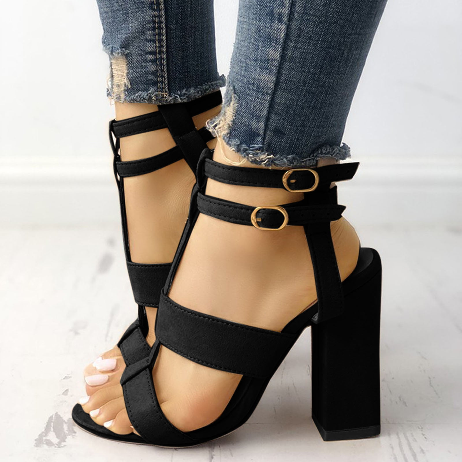 Square High Heel Sandals Thick Sandals Suede Fish Mouth Women Shoes Size Plus 