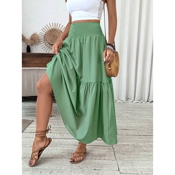 Sage Green Tiered Flowing Maxi Skirt With Elastic Waist And Pockets