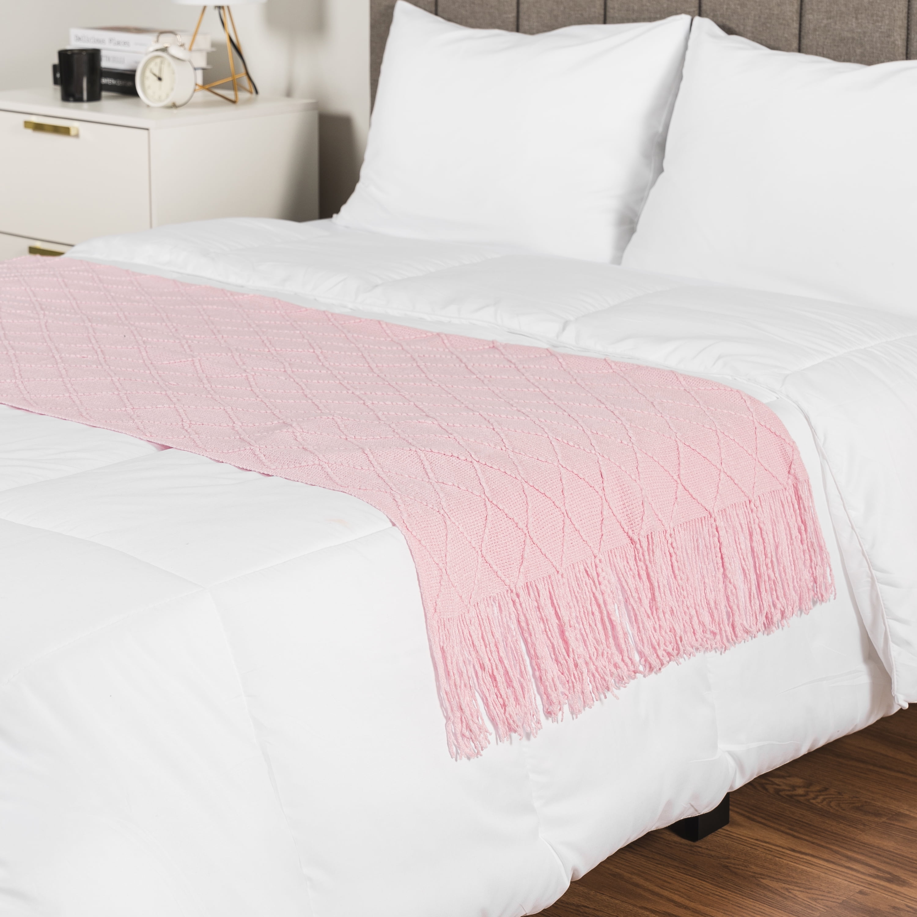 PAVILIA Light Pink Knit Throw Blanket for Couch, Twin Bed, Soft Knitted Farmhouse Sofa Throw for Living Room, Lightweight Decorative Summer Blanket for Chair, Outdoor Textured Boho Blanket, 60x80