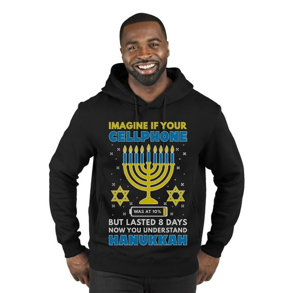 Wild Bobby Hanukkah Imagine If Your Phone Battery was Low but Lasted 8 Days Premium Graphic Hoodie Sweatshirt, Black, Small