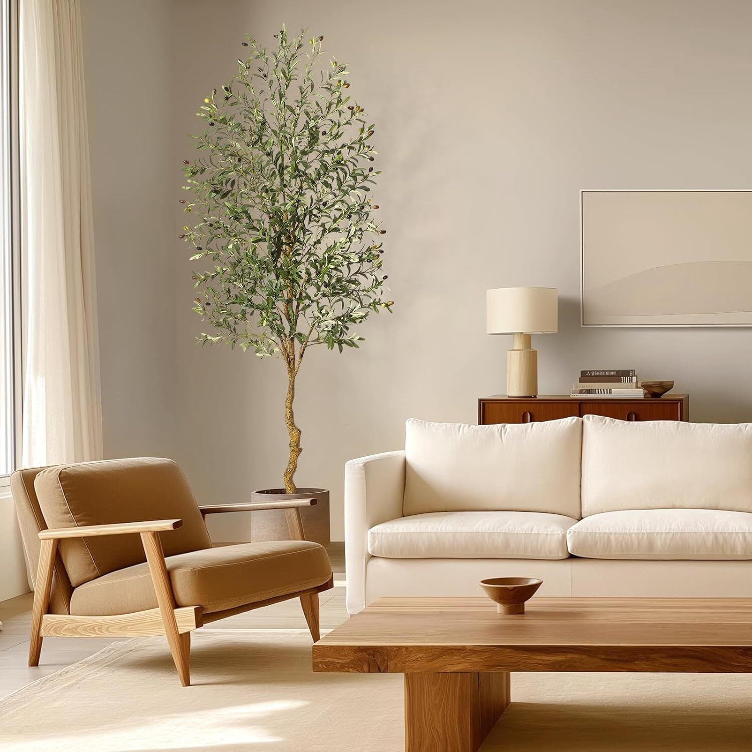 Faux Olive Tree 7FT, Fake Silk Plant for Living Room Decor, Indoor Fake Potted Tree with Green Leaves and Big Fruits