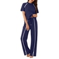 thumbnail image 6 of QATAINLAV Two Piece Sets for Women Summer Workout Outfits Mock Neck Short Sleeve Tees Tops and Side Slits Wide Leg Pants Matching Sweatsuit Navy S, 6 of 8
