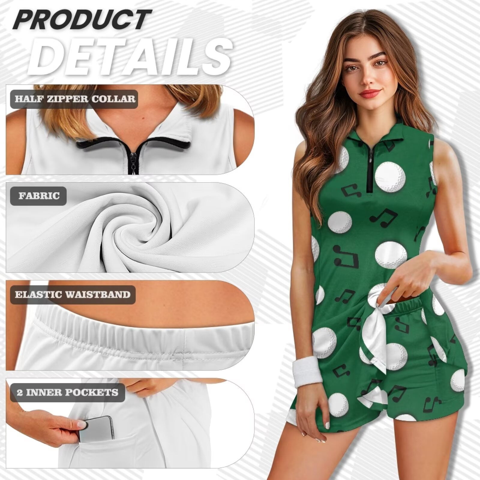 Yuyamidu Golf Balls Golf Dress for Women Musical Note Anti Wrinkle Athletic Dress for Women Sleeveless Comfort Workout Athletic Dresses with Pockets Shorts Outfits Size XS