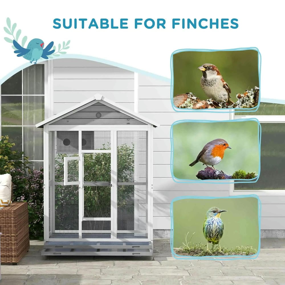 Barara King Bird Cage, Bird Habitat Small Animal Travel Cage,64.5" Wooden Bird Cage Aviary, Flight Cage with 4 Perches, Nest and Slide-Out Tray, Gray