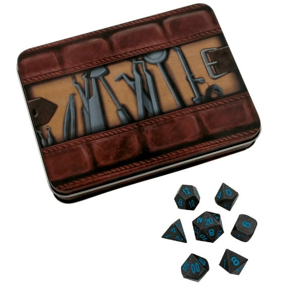 Thieves Tools with Ice King's Revenge | Gunmetal Gray with Blue Numbers Metal Dice -