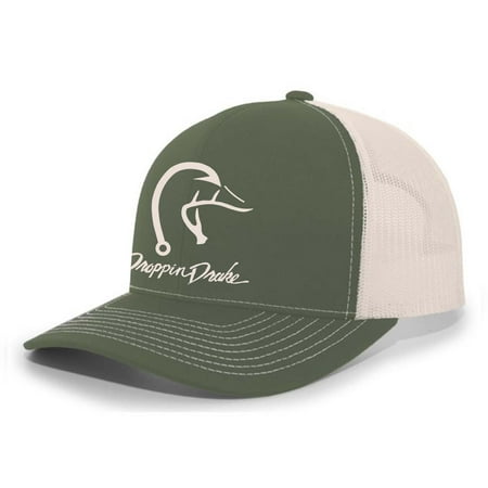 Droppin Drake Hunting Hat Duck Fishing Hook Embroidered Mens Mesh Back Trucker Hat Moss/Beige
