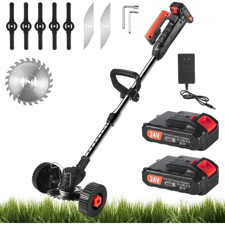 KingFurt Cordless Brush Cutter 24V Lawn Mower with 2×2.0Ah Li-Ion Battery Powered and 3 Types Cutting Blade Push Wheeled for Yard and Garden Black-Red 2024