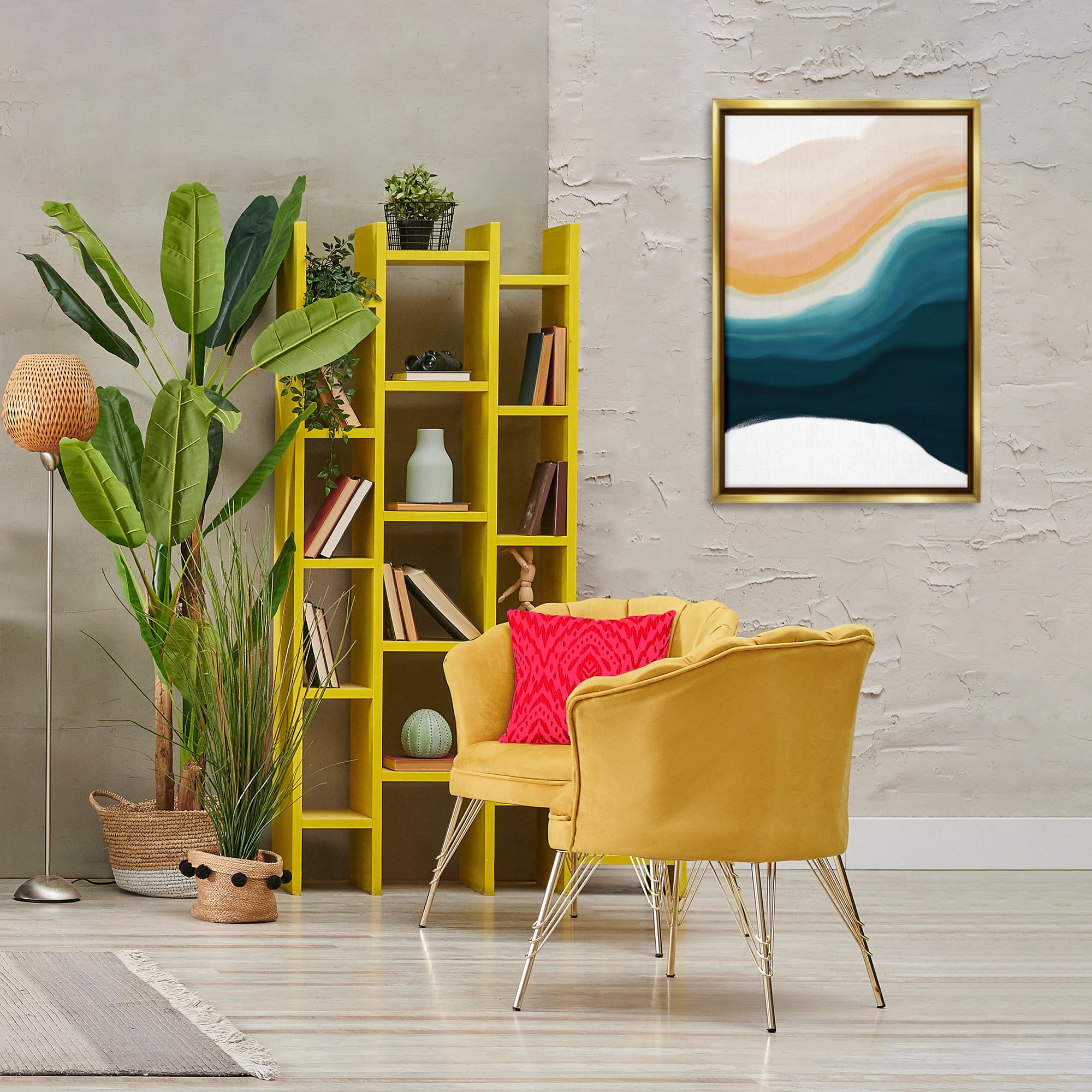 Stupell Industries Peach Swirl Fluid Pattern Abstract Painting Gold Floater Framed Canvas Art Print Wall Art, 21 x 31