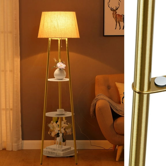 Beautiful Tripod Gold Poles Floor Lamp with Shade & 3-Tier Shelves Freestanding