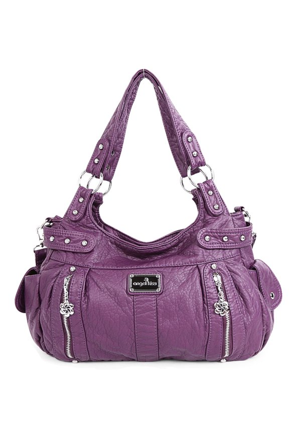 Double Compartments Washed Leather Purse Soft Leather Shoulder Bag Crossbody Bag Purple