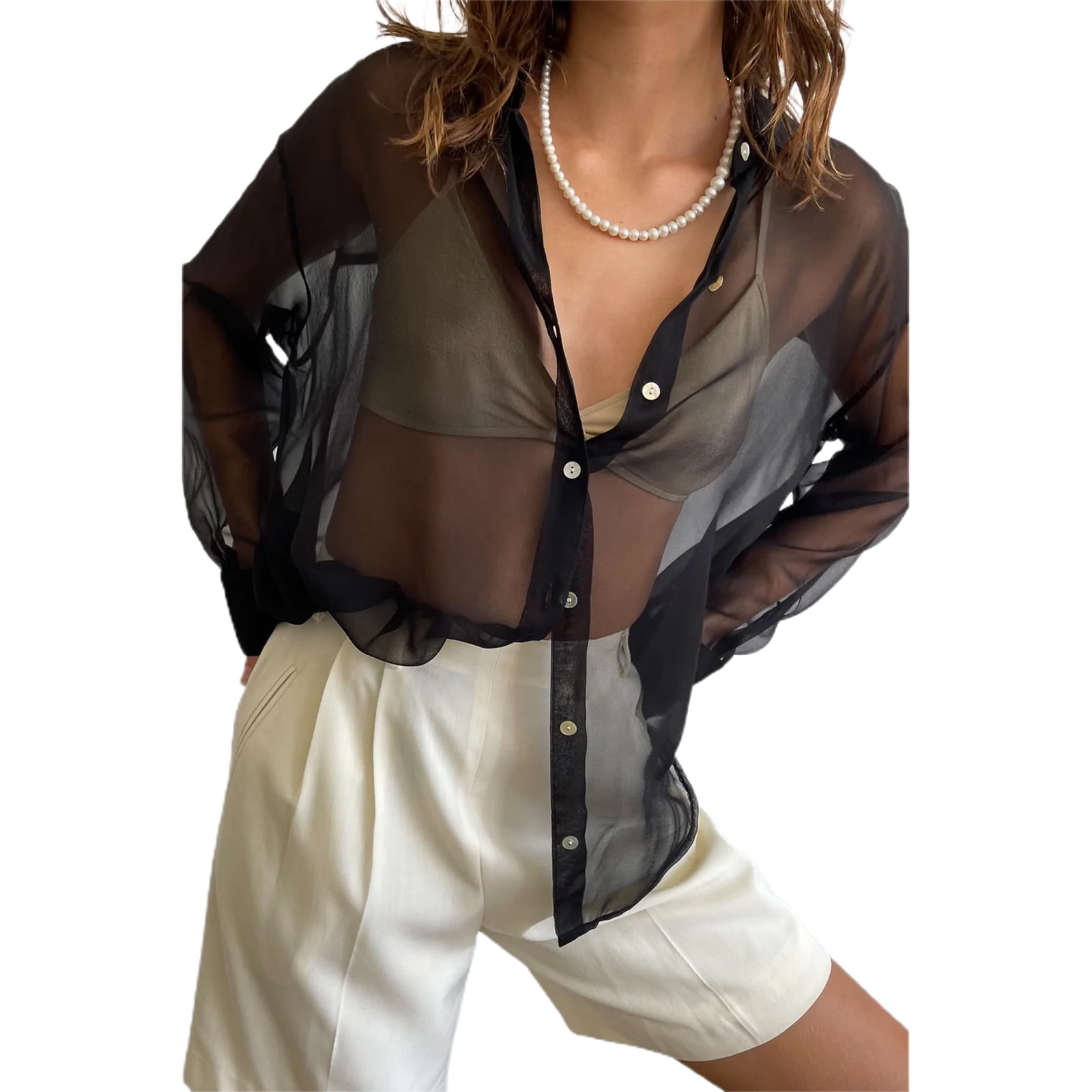 トップス sheer over flare blouse Sheer Organza Blouse With Long Bishop Sleeves & Cami Top for