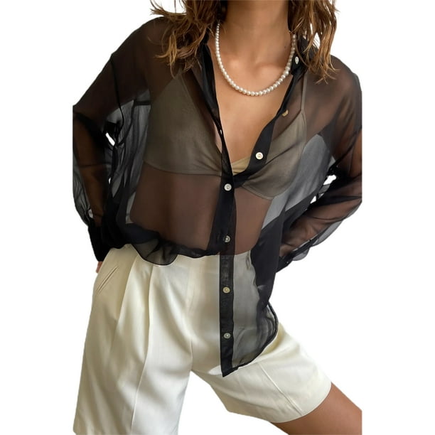 SAYOO Blusa femenina, solapa, botón de manga larga, blusa transparente para mujeres SAYOO moda