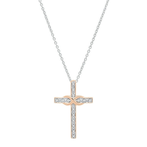Dazzlingrock Collection Round White Diamond Religious Cross Pendant for Women with 18 Inch Silver Chain (0.10 ctw, Color I-J, Clarity I1-I2) in 14K Rose Gold