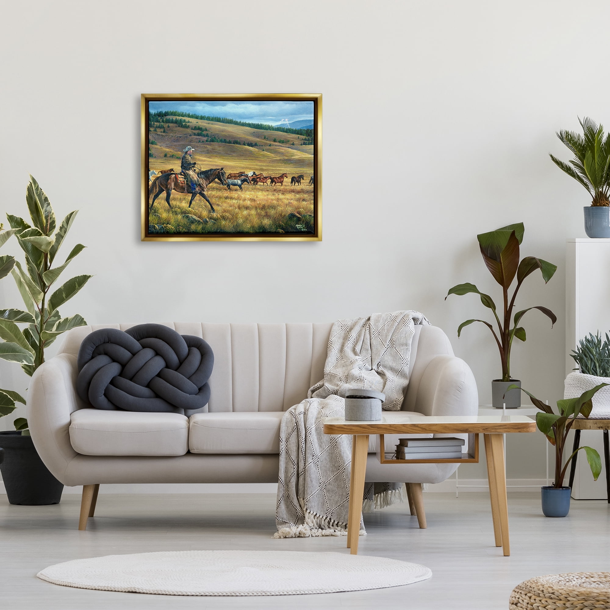 Stupell Industries Equestrian Horse Landscape Animals & Insects Painting Gold Floater Framed Canvas Art Print Wall Art, 31 x 25