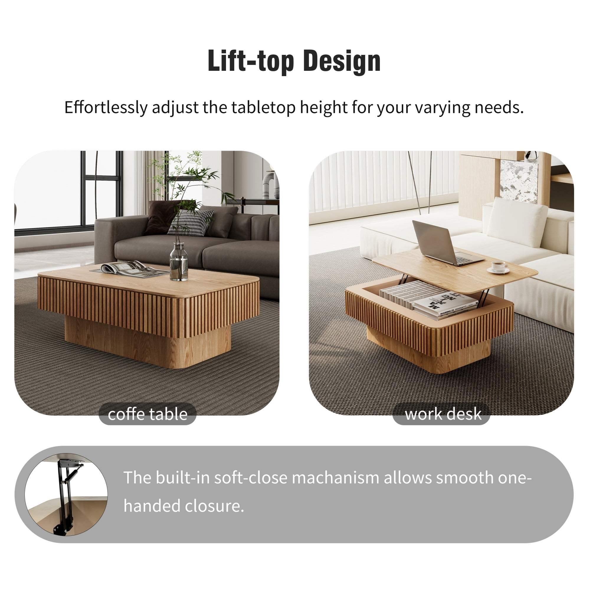Lift Top Coffee Table with Storage, 38.6" Fluted Coffee Table with Adjustable Height, Modern Wood Veneer Center Table for Living Room, Natural
