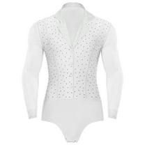 Eandarui Men Sheer Mesh Latin Ballroom Dance Leotard Shiny Bodysuit Cha-Cha Ballet Dance Class White 3XL