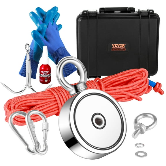 VEVOR Magnet Fishing Kit, 1200lbs 2.95inch Diameter Double Sided Fishing Magnets, Strong Neodymium Magnet with Heavy Duty 65FT Rope, Grappling Hook, Waterproof Case, Gloves, Threadlocker, Eye Bolt