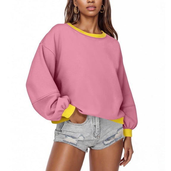 CQONEPT Womens Fleece Lined Sweatshirts Crewneck Loose Fit Pullover Tops Long Sleeve Trendy Clothes with Pockets Pink M