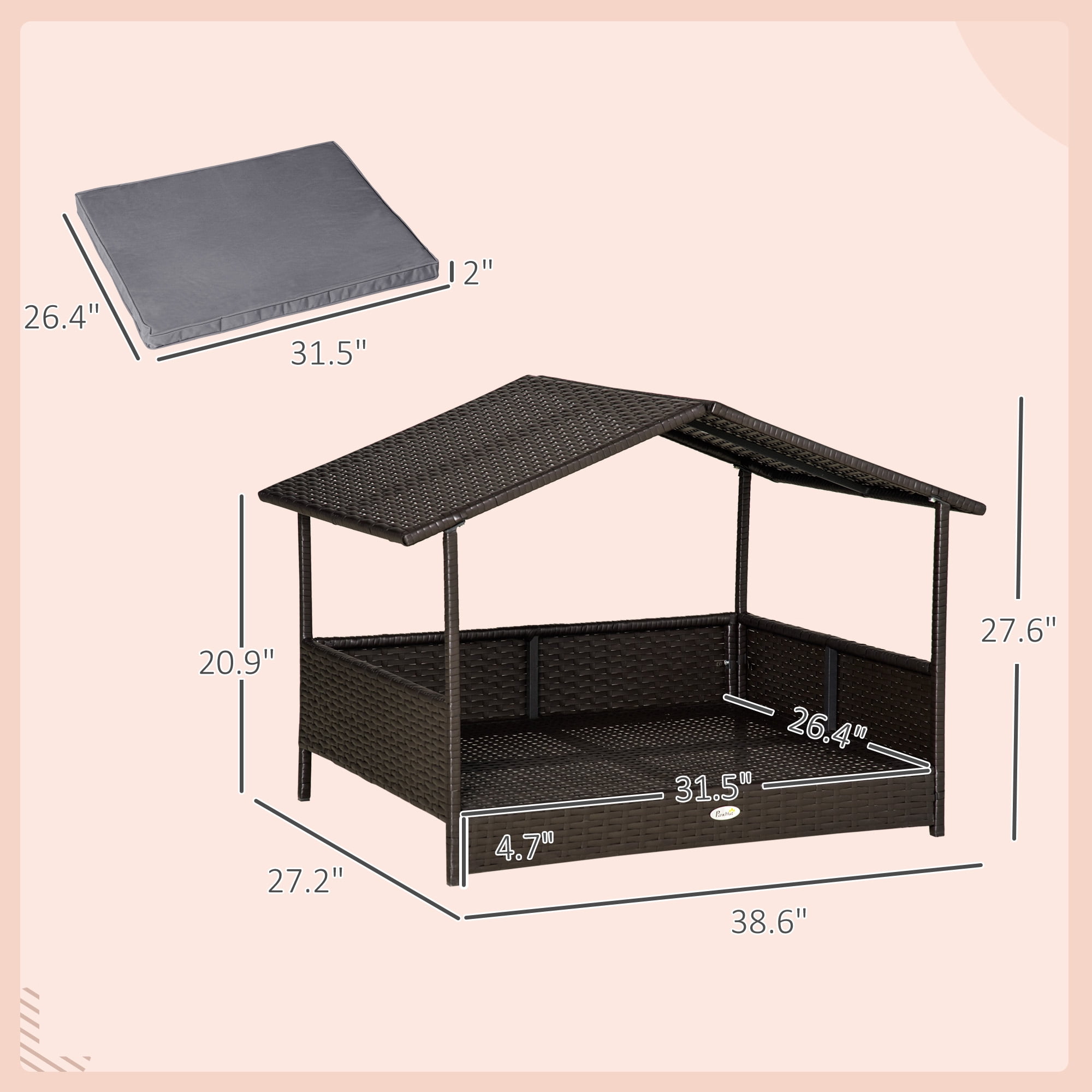 PawHut Wicker Dog House Elevated Raised Rattan Bed for Indoor/Outdoor with Removable Cushion Lounge, Gray