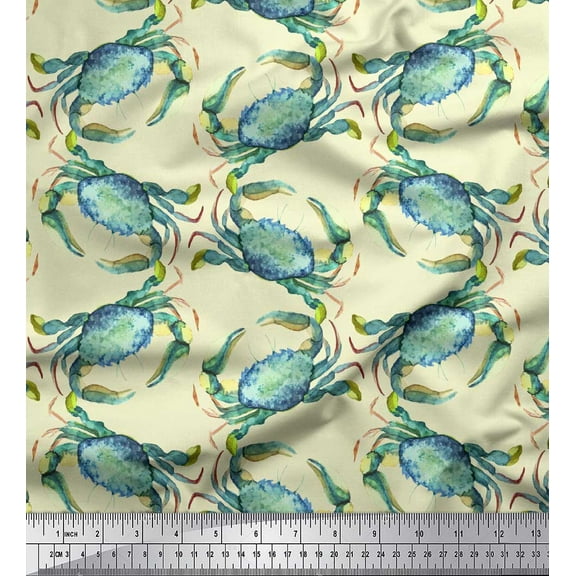 Soimoi Yellow Rayon Crepe Fabric Crabs Ocean Printed Fabric 1 Yard 46 Inch Wide
