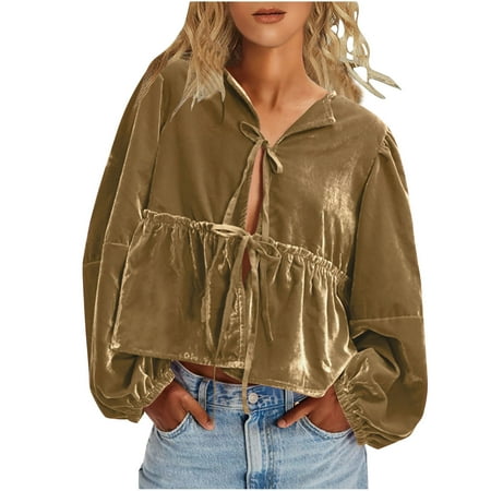 GA WEIHUA Women s Velvet Shirts Tie Front Long Sleeve Jackets V Neck Ruffle Hem Peplum T Shirts Loose Fit Cute Open Front Tops Relaxed Solid Babydoll Blouses(Gold S