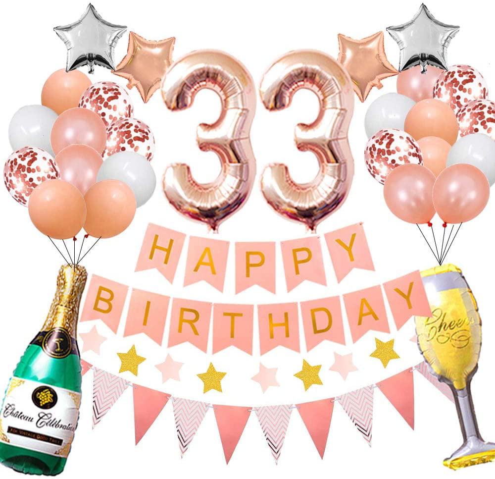 colorpartyland Happy 33rd Birthday Party Decorations Rose Gold Latex and Confetti Balloons Happy Birthday Banner Foil Number Balloons and More For 33 Years Old Birthday Party Supplies 