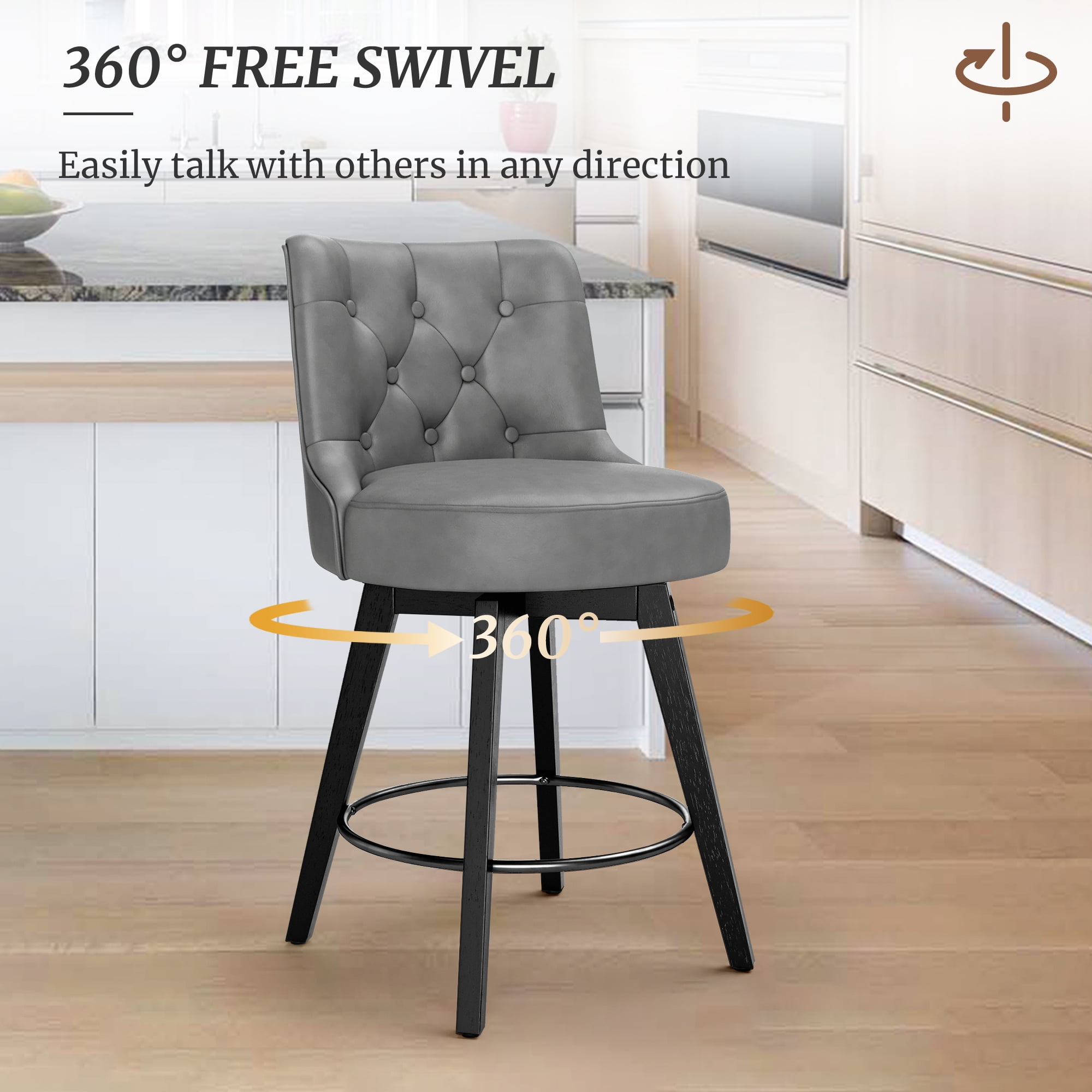 Dycanpo 26" Swivel Counter Height Bar Stools, with Back Faux Leather for Home Kitchen, Dark Gray