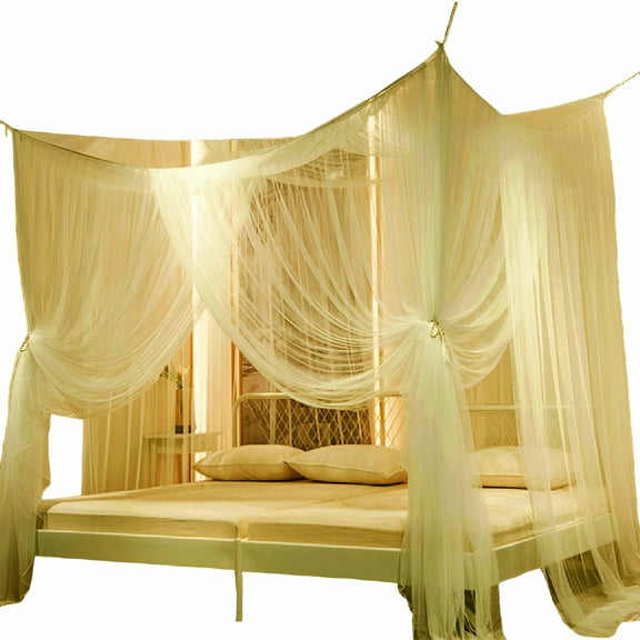 AUQ 4 Corner Post Canopy Bed Curtain Bed Drape Hanging Bed Valance Netting for Women Beige